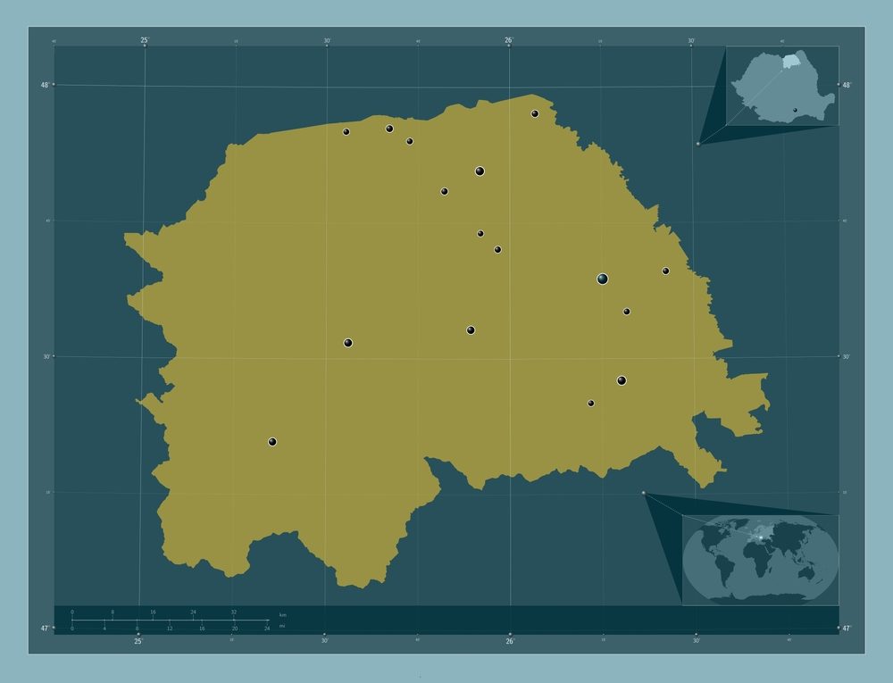 Suceava,,County,Of,Romania.,Solid,Color,Shape.,Locations,Of,Major